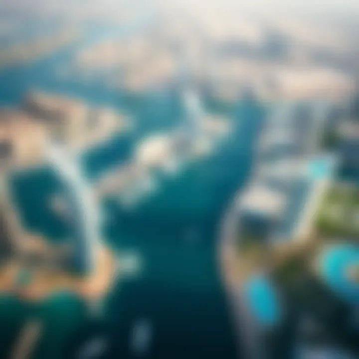 Aerial view of Dubai Marina highlighting the waterfront and buildings