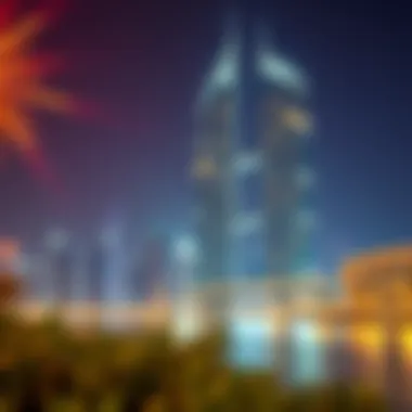 Nighttime illumination of Business Bay Towers against the Dubai skyline