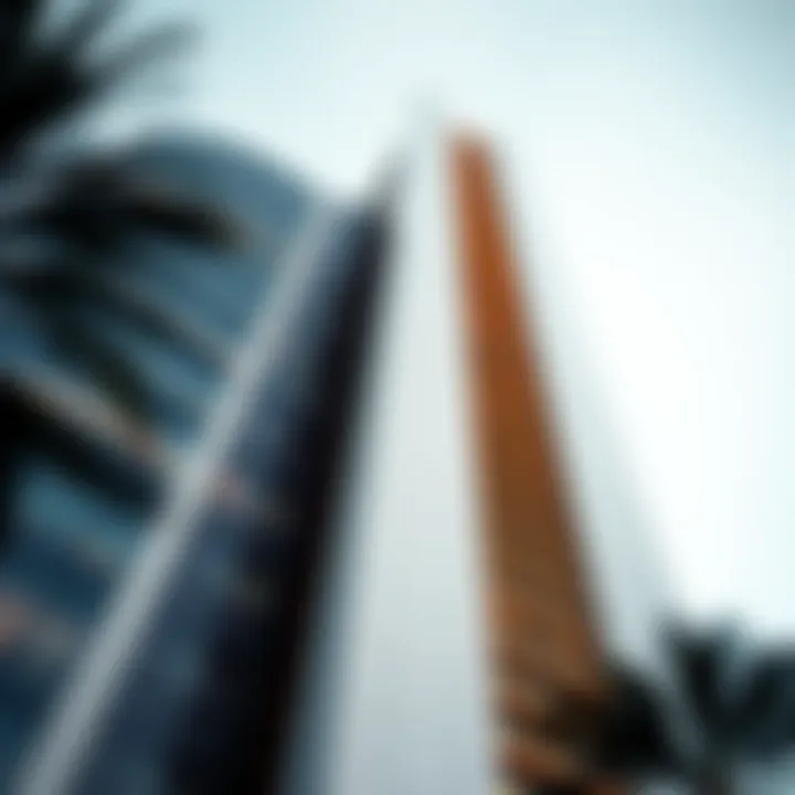 Close-up of the façade of Al Kubra Tower highlighting its modern architecture