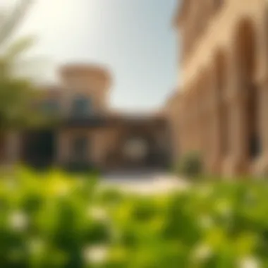 Sunlit architecture in Arabian Ranches with green landscaping