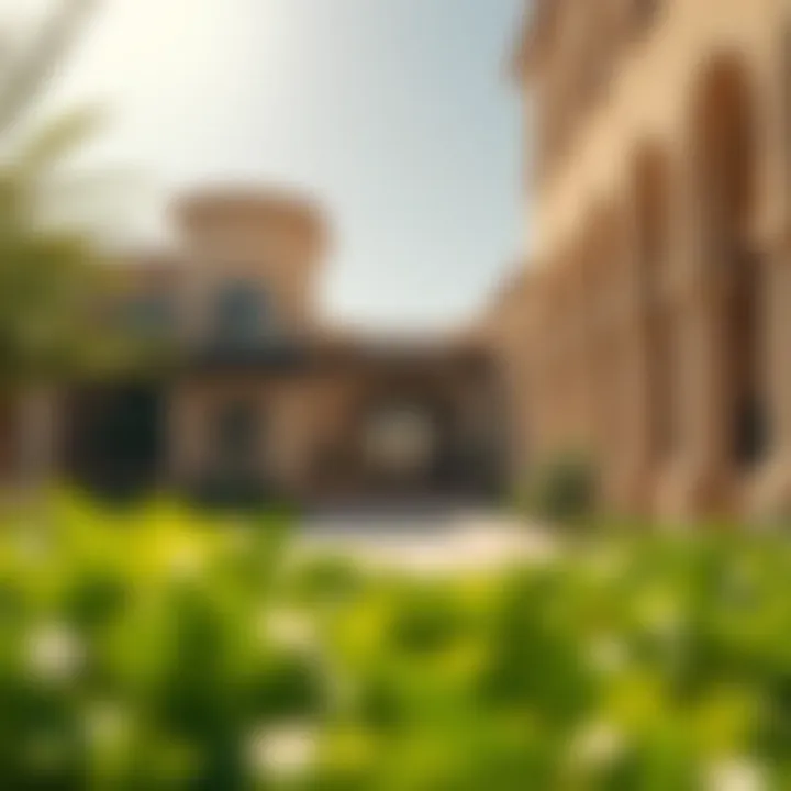 Sunlit architecture in Arabian Ranches with green landscaping