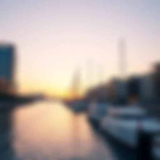 A picturesque view of Dubai Creek Marina at sunset