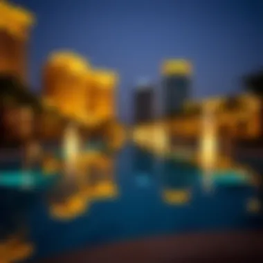Evening ambiance at Dubai Fontana with illuminated surroundings reflecting in the water