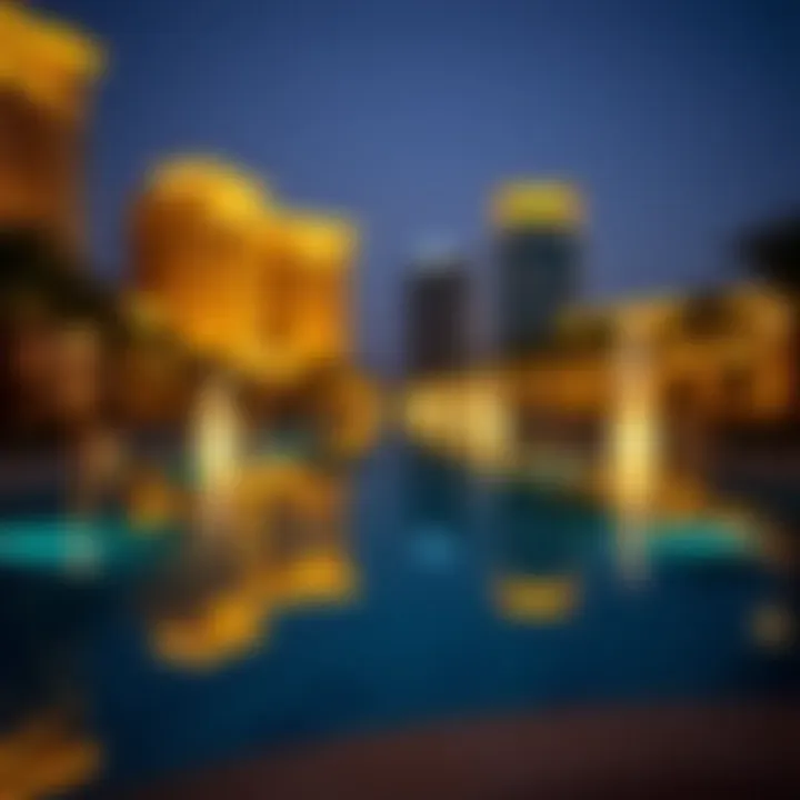 Evening ambiance at Dubai Fontana with illuminated surroundings reflecting in the water