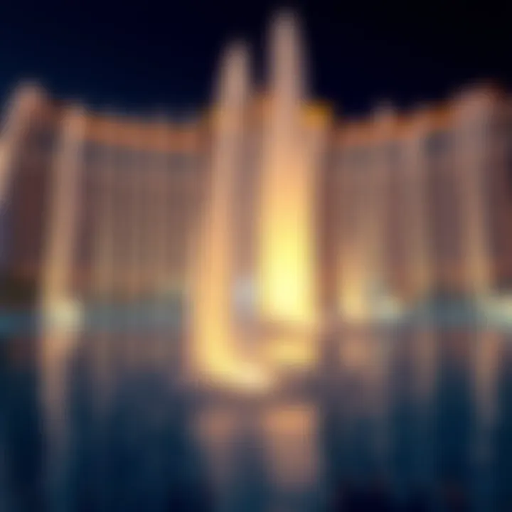 Close-up of the artistic water jets at Dubai Fontana during a captivating light show