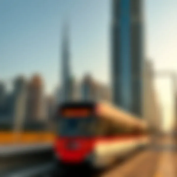 Vibrant Dubai cityscape with Red Line Metro in foreground