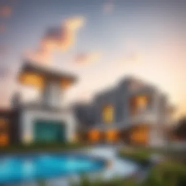 Architectural design rendering highlighting modern structures and sustainable features