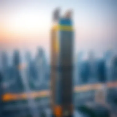 Aerial view of Mizin Tower in the context of Dubai's skyline