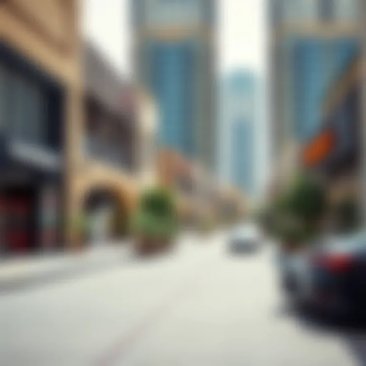 A bustling commercial area in Al Barsha with various shops and offices