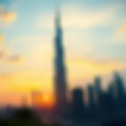 A panoramic view of the Burj Khalifa at sunset