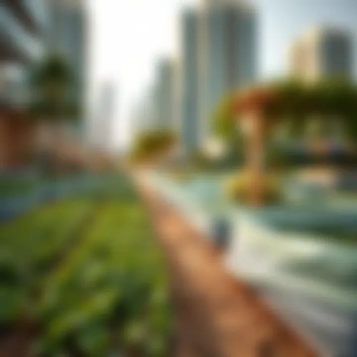 A panoramic view showcasing the integration of farming within urban Dubai