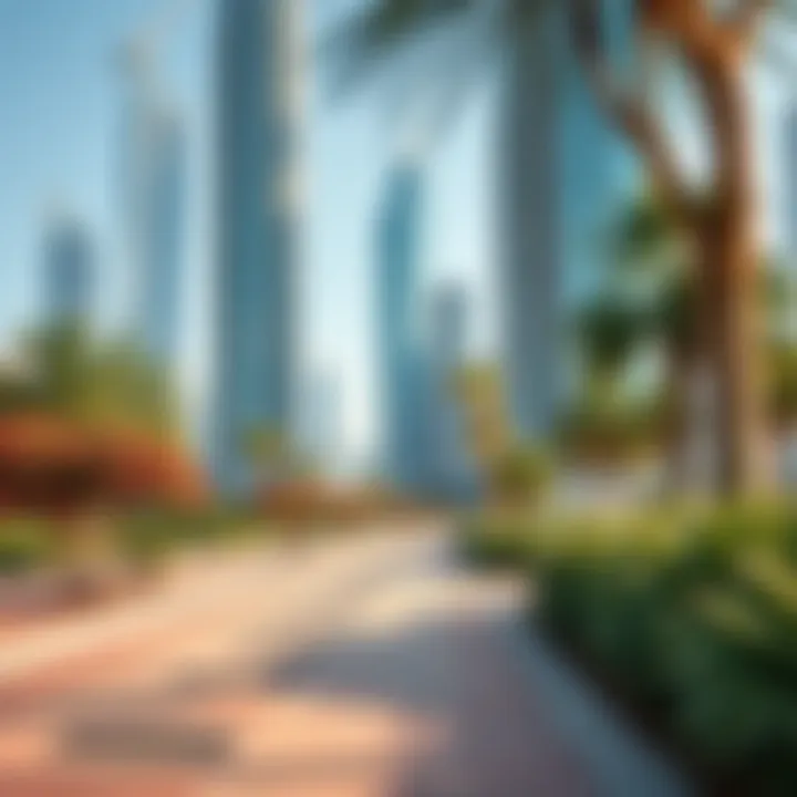 A serene park pathway surrounded by modern skyscrapers