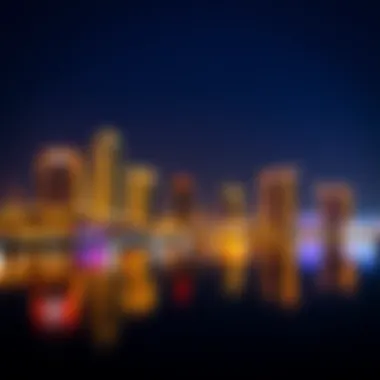 Illuminated skyline of Yas Bay at night reflecting the lively atmosphere and cultural attractions.