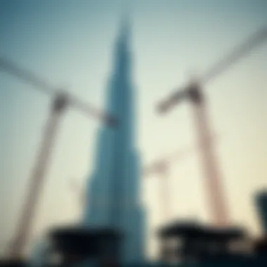Construction site of Burj Khalifa with cranes and workers