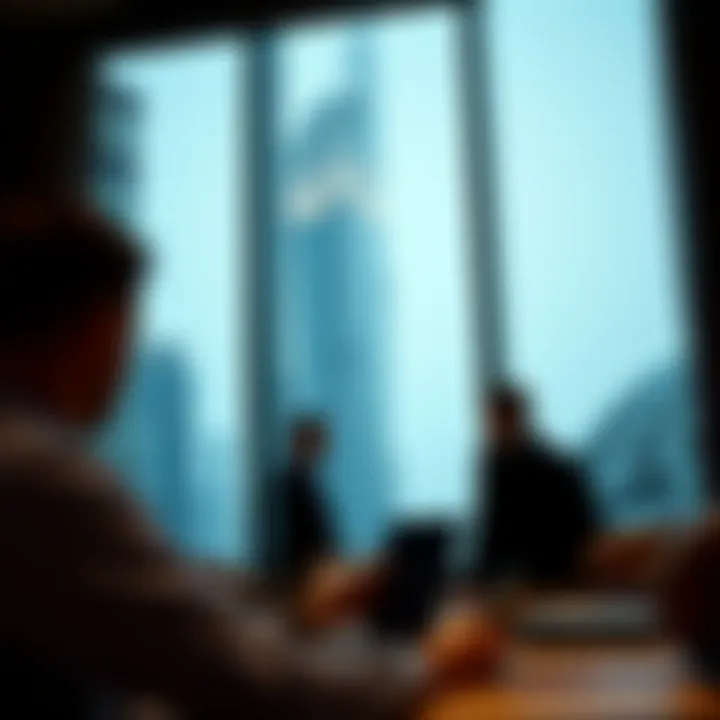Investors analyzing market trends with Financial Tower in view