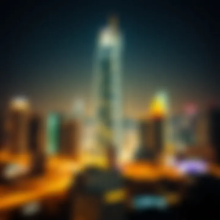 Night view of Financial Tower illuminated against the Dubai skyline