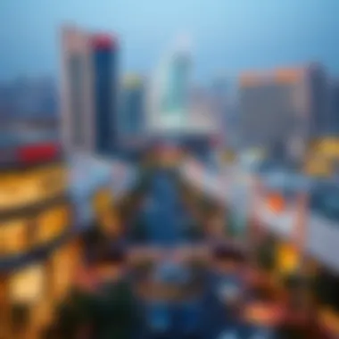 An urban landscape featuring multiple malls contributing to cityscape