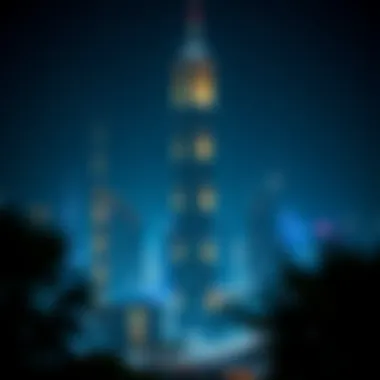 Night view of MAG 218 Tower illuminated within the Dubai landscape