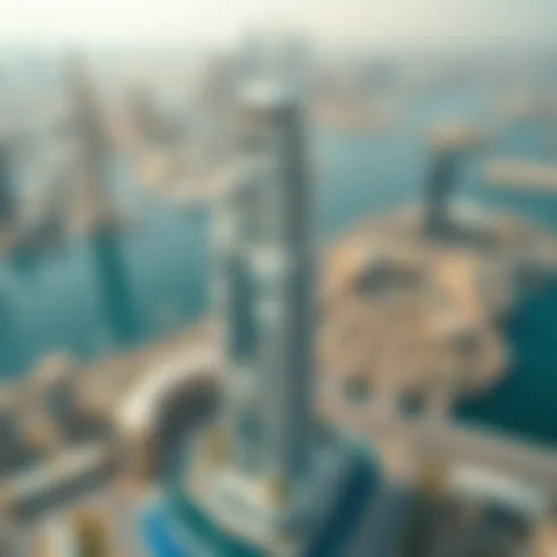 Aerial view of Marina Crown Tower surrounded by Dubai skyline