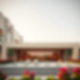 Exterior view of Mirdif Hills sales office showcasing modern architecture