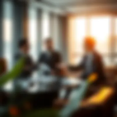 Real estate investors discussing strategies in a modern office setting