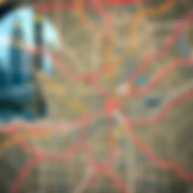 Map of Dubai's metro route highlighting various lines and stops