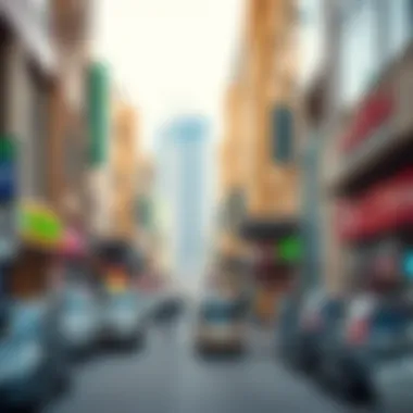 Busy street in Dubai with various currency exchange shops