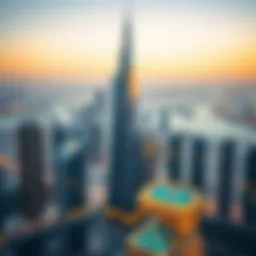 Stunning view of Prism Tower against Dubai skyline