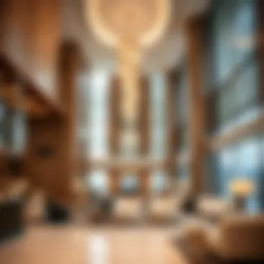 Interior lobby of Tamouh Tower highlighting luxury amenities