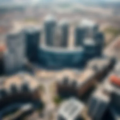 Aerial view of Tecom showcasing business towers and residential areas.