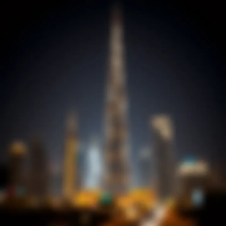 Night view of Burj Khalifa illuminated against the Dubai skyline