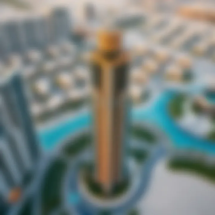 Aerial view of the Tiara East Tower and surrounding community in Dubai