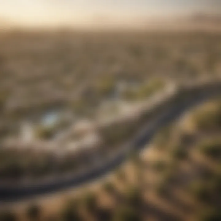 A panoramic view of the Majan community showcasing its residential buildings and greenery.