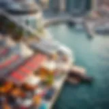 Aerial view of Dubai's waterfront market bustling with activity