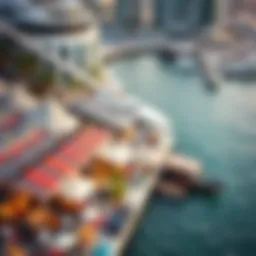 Aerial view of Dubai's waterfront market bustling with activity