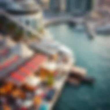 Aerial View of Dubai's Waterfront Market Aerial view of Dubai's waterfront market bustling with activity