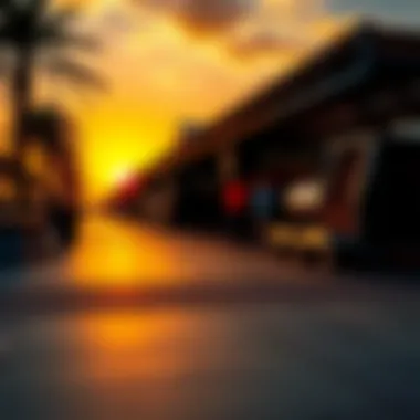 Sunset Reflection Over Waterfront Market Stalls Vibrant sunset reflecting over waterfront market stalls